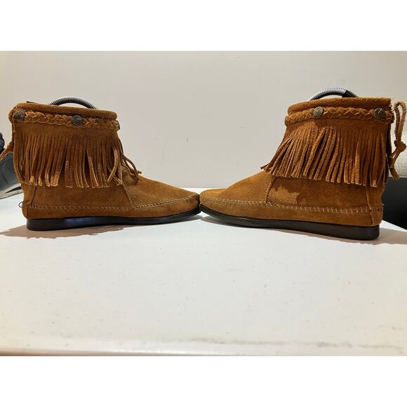 Minnetonka Brown Suede Fringe Back Zip Ankle Bootie Moccasin Shoes Size 7 - Picture 7 of 10